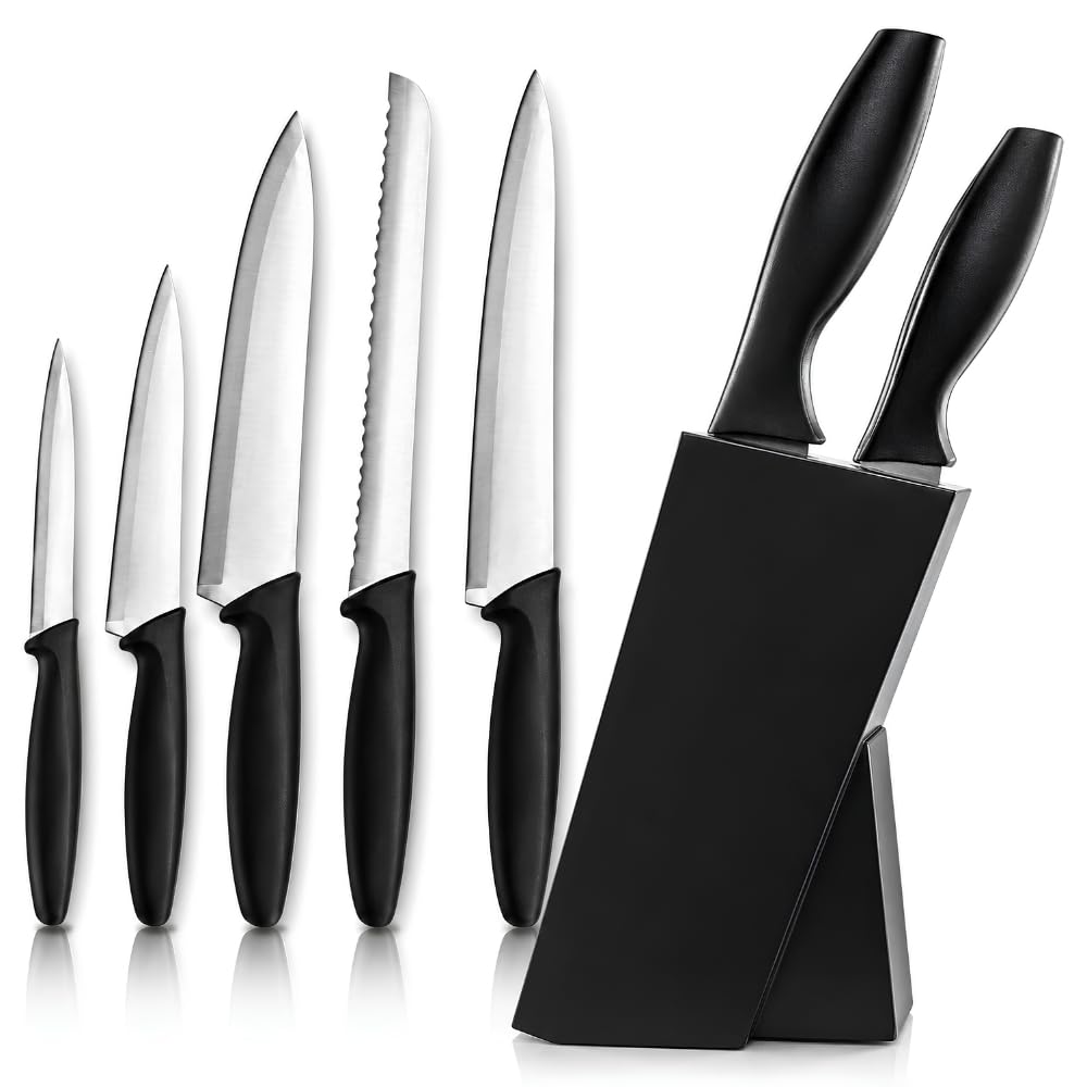Conjunto 5 Facas de Cozinha Inox com Cepo de Madeira Preto De Luxo | Kit Premium Completo