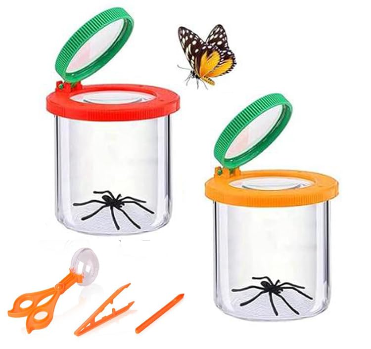 UQMIQURA 2 Stück Becherlupe Lupenbecher Set, Lupendose Lupenbecher mit Pinzette, Lupenbecher Kinder, Insekten Lupe Behälter, Insekten Beobachtungsbox für Outdoor Wissenschaft Natur Erkundung