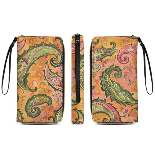 Womens Leather Wallets Yellow Tone Pattern Wallet for Women Large Capacity Card Phone Holder Ladies Purse with Wriststrap3