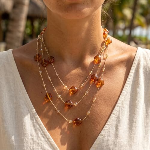 RINHOO Long Glass Bead Necklace for Women, Multi-Layer Design with Pearls & Copper Chain, Boho Chic Layering Chain Jewelry for Dress Sweater (67 Inch) (Brown) — view 4