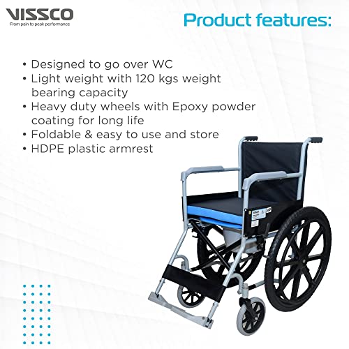 Image of Vissco Rodeo Veer Comfort Wheelchair with Removable Commode, Foldable, Fixed Armrest and Removable Footrest, for Elderly and Patients, Lightweight, Weight Capacity 100kg