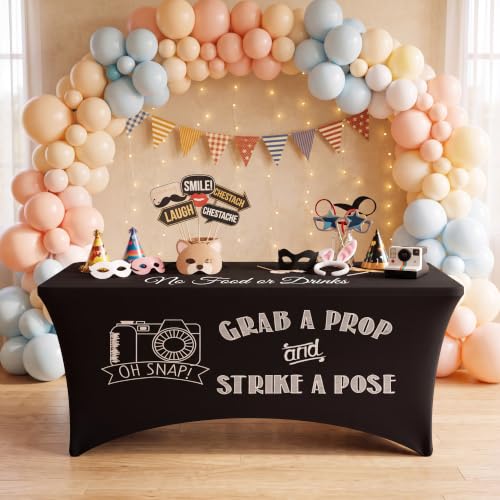 Oudain Photo Booth Table Cloth Photo Booth Props Accessories 6ft Strike a Pose Black Stretch Spandex Table Cover for Back to School Wedding Birthday Retirement Disco Party Photography Decor Supplies
