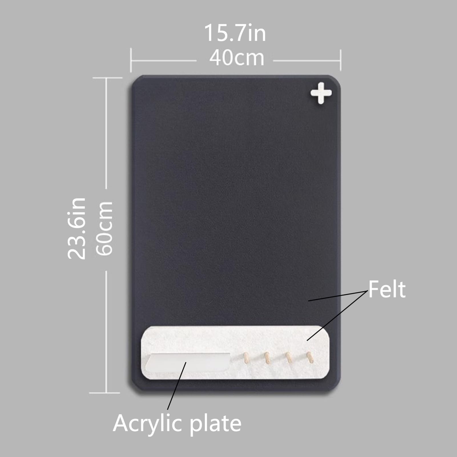 Dekoracyjna filcowa tablica ogłoszeń 39 cm x 60 cm z haczykami i półką akrylową, idealna do domu, biura, szkoły, ekspozycji ściennej (czarna) stylowy nizer do zdjęć i notatek
