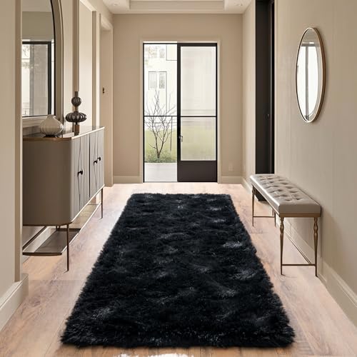 Black Rug for Bedroom 2x6 Feet - Ultra Soft Faux Fur Area Rug - Plush Non-Slip Shaggy Carpet for Living Room, Cozy Fluffy Floor Rug for Home Decor
