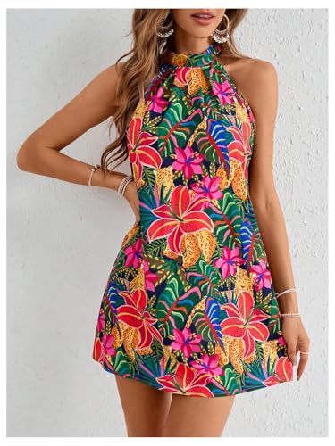 Image of Floerns Women's Sleeveless Floral Print Sundress Halter Neck A Line Short Dress