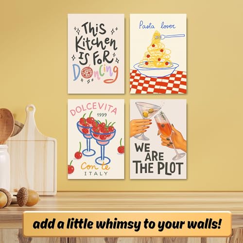 Image of Yellow Town India THIS KITCHEN IS FOR DANCING Art Prints | Set of 4 A4 Posters with Wall Friendly Adhesive | 300 GSM Unframed Girly Moodboard Aesthetic Posters for Room Decor