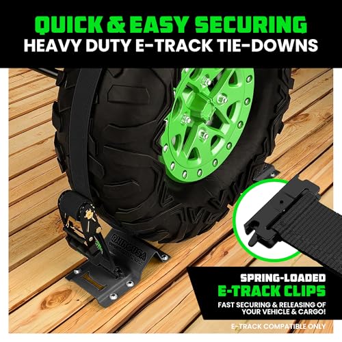 Rhino USA Wheel Chock Tie Down Kit (4,500lb Break Strength) (4) Heavy Duty Trailer Tire Ratchet Straps (8) Wheel Chocks - E Track System for ATV, UTV, Lawn Mower, Four Wheeler - Black