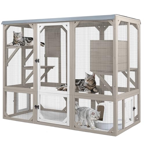 PetsCosset Catio Outdoor Cat Enclosures Cats House for Indoor Outdoor for 1-3 Cats Window Catio Wooden Outside Patio with Resting Room Waterproof Roof Jumping Playforms