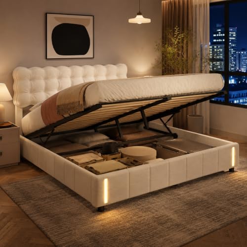 HYNHXBP Lit Coffre 140x190 avec Sommier, Lit Double en Velours Beige avec Tête de Lit Capitonnée, Éclairage à Détection de Mouvement, Base de Lit Stable,...