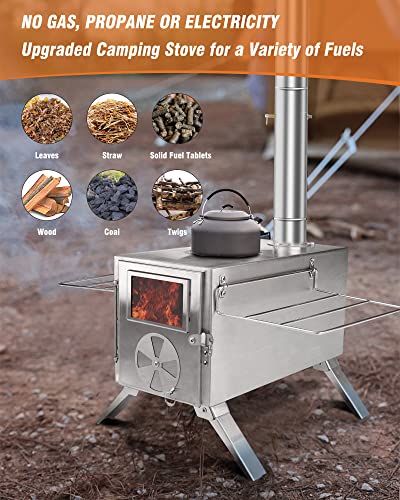 Wood Stove For Hot Tents, Rikuy 304 Stainless Steel Wood Burning Stove With Chimney Pipes For Tents, Shelter, Outdoor Portable Camping Stove For Heating And Cooking, Includes Spark Arrestor And Gloves #TOP3