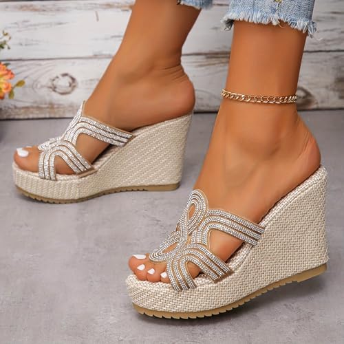 Summer New Fish Mouth Thick Soled Wedge Heeled Slippers For Women Retro Rhinestone Hollow Outer Wear Large Size ls And Slippers ls for Women Size 122