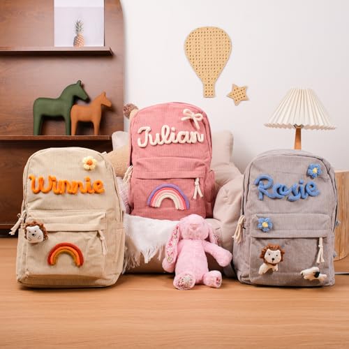 Tivhelrf Sac à dos personnalisé en velours côtelé, sac à dos décontracté pour enfants, sac à dos de voyage léger, sac d'école personnalisé avec nom, kaki, Large, Décontracté – vue 3