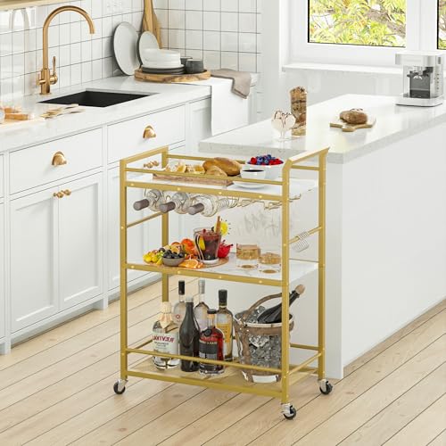 Image of 3 Tier Bar Cart, Small Beverage Cart, Mini Bar Cart with Wine Rack, Compact Mini Bar Cart - Please Refer to the Exact Dimensions for Usage Matching Dimensions: 22 inch W x 13 inch D x 35.8 inch H GBC507G