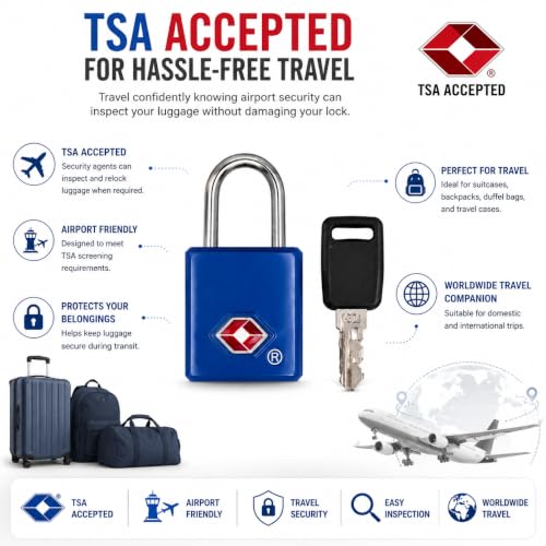 Image of QUIRA TSA Approved Travel Padlock with Key, Luggage Lock for Suitcase, Backpack, Locker & Travel Bags, Heavy Duty Security Lock (Blue)