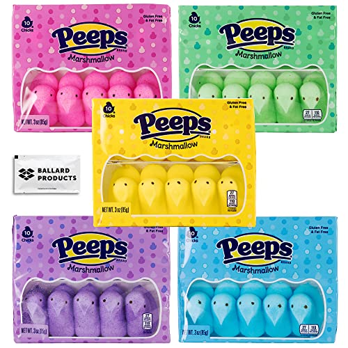 Peeps Marshmallow Candy Chicks Variety Pack Of 5-5 Packs Of 10 Marshmallows Each - Purple, Yellow, Pink, Green, And Blue Marshmallow Peeps - Bundle With Ballard Products Moist Towelette #TOP15