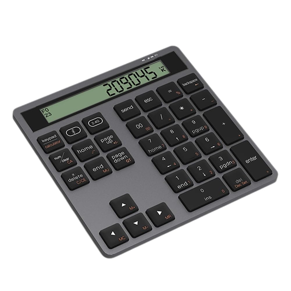 Teclado Numérico Inalámbrico Ergonómico Bluetooth de Modo Dual con Calculadora y Pantalla 2 en 1, Teclado Numérico Inalámbrico, Color Gris.