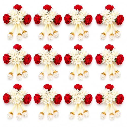 Image of Alvero 12Pc Women Floral Gajra Hair Accessories with Red Roses, White Flowers, Pearl & Golden Bead Tassels - Traditional Indian Bridal Hair Decoration for Wedding, Festive, Ethnic Hairstyles & Valentine Gifting (12-Piece)