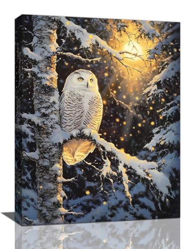 Owl Wall Art, Winter Snow Owl Pictures Wall Decor, Forest Animal Canvas Prints Painting, Framed Artw