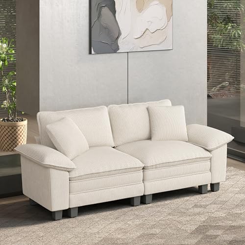 Image of HERA'S HOUSE 88 inch Oversized Modular Sectional Loveseat Sofa, Corduroy Beige | Loveseat Living Room Couches, Wider Armrest and Deep Seat, Comfy Cloud Couch with Ottoman, Wood Sturdy Frame