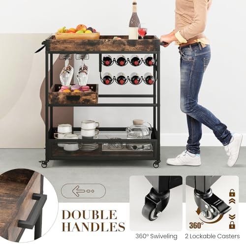 Chariot de service roulant à 3 étages avec plateau amovible, casier à vin et roues verrouillables – Idéal pour le rangement et l'organisation du bar à domicile