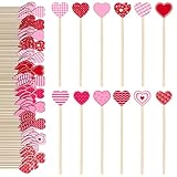 Whaline 120 Pcs Valentine's Day Heart Wooden Stirrers Cocktail Stir Sticks Pink Red Patterned Heart Coffee Drink Wood Stirrers Disposable for Wedding Anniversary Home Party Supplies