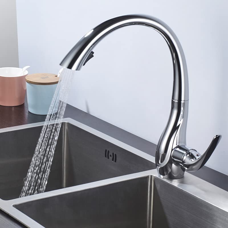 Grifo abatible para fregadero, Grifo de cocina extraíble un solo orificio con manija única y giratorio 360 ​​grados(White)