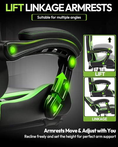 Image of Dowinx Ergonomic Gaming Chair with Footrest & Massage Lumbar, 2D-Linkage Armrests for Computer Chair 330lbs with Headrest Pillow for Office, Home, Streaming and Long Gaming Sessions, Green