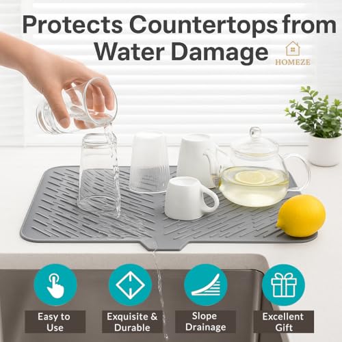Image of Homeze Large Kitchen Silicone Drying Mat 60x45 cm - Built-in Drain Lip Organizer Tray for Utensils, Heat Resistant Trivet, Protects Countertops, Prevents Water Accumulation, Easy to Clean (Grey)