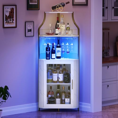 GAOMON Corner Bar Cabinet with LED Strip and Glass Holder, Industrial Wine Cabinet with Adjustble Shelf, 5-Tiers Liquor Cabinet Bar Cabinet for Home, Corner Display Cabinet for Small Space,Faux Marble