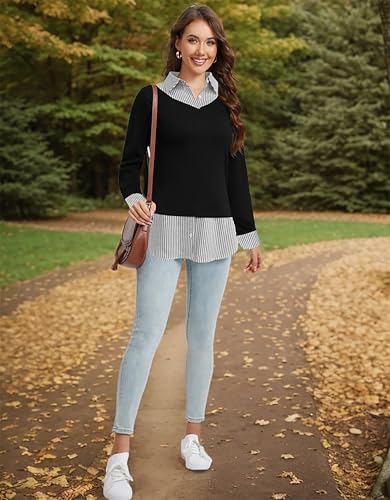 Image of Oyamiki Women's Casual Collared Curved Hem 2 in 1 Pullover Tops Plaid Contrast Shirt Blouse
