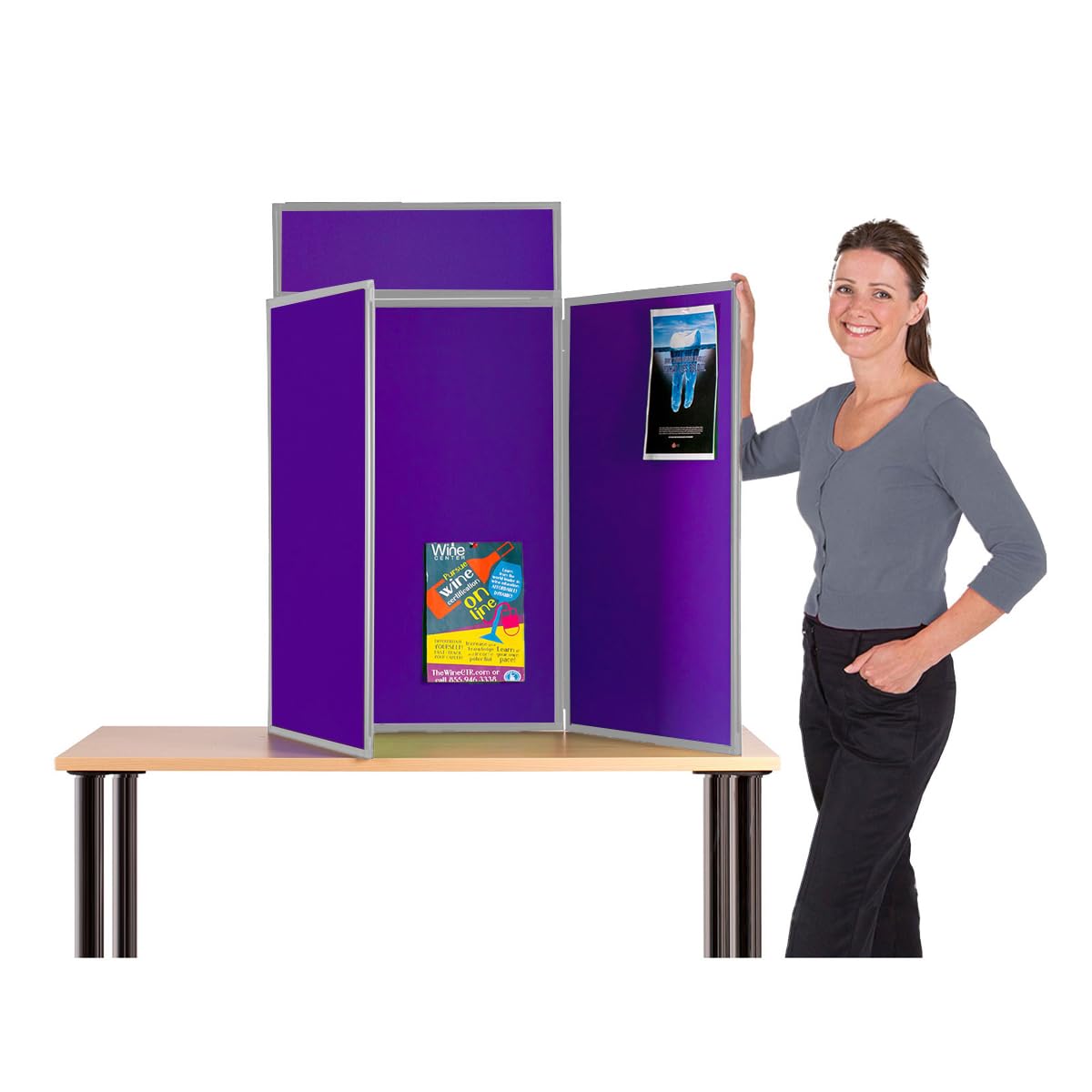 Wonderwall Desktop Exhibition 3 Panel Folding Display Panel Kit, Purple Pinboard with Grey PVC Frame, Carry Bag, 100 Adhesive Tabs & Header -11 Colours - for Schools, Exhibitions, Venues