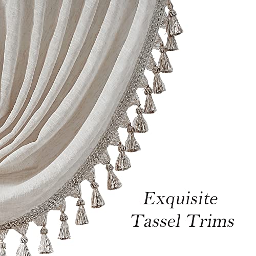 Vision Home Linen Semi Sheer Waterfall Valance Curtain With Decorative Tassles Trims Solid Beige Kitchen Cafe Curtain For Living Room Bedroom Rod Pocket 56X38 Inch,1 Panel #TOP3