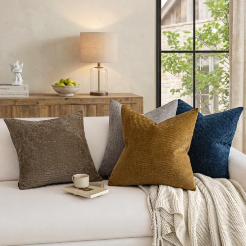 Image of a moment Pack of 2 Decorative Chenille Throw Pillow Covers with Twill Cushion Covers for Sofa Living Room Couch Bed 18x18 Inch Warm Brown
