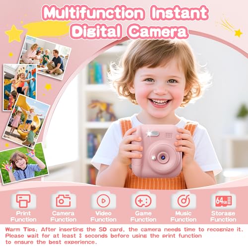 Image of Kids Instant Camera with 64GB SD Card, Portable Digital Camera Toy for Girls and Boys Ages 3-12, Toddler Christmas and Birthday Gift for 3 4 5 6 7 8 9 10 Year Old Kids (Blue) (Pink)