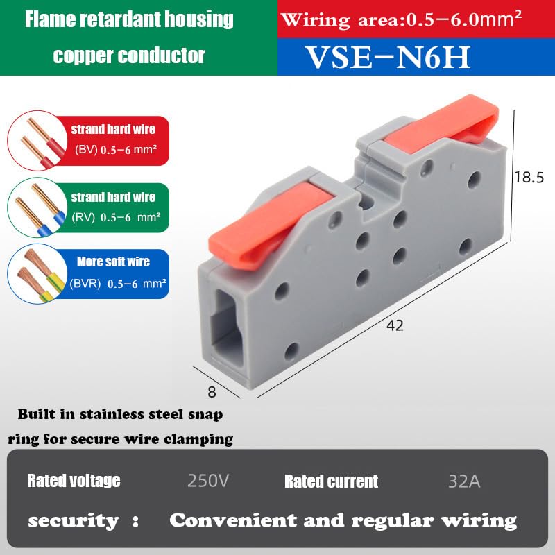 Quick Connection Terminal for Soft Wire, Multiple in and Multiple Out, Plug-in Quick Connector, Wire Coupler(QHJ-N6H-1P,10Pcs)
