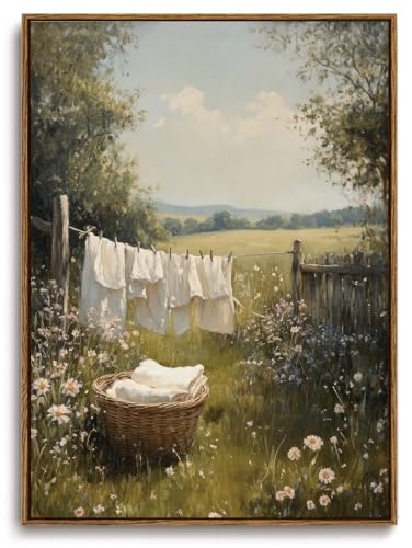 Image of KISSFOX Vintage Framed Wall Art For Laundry Room Decor Country Landscape Pictures Wall Decor Rustic Summer Wildflower Canvas Art Prints Modern Farmhouse Paintings Artwork