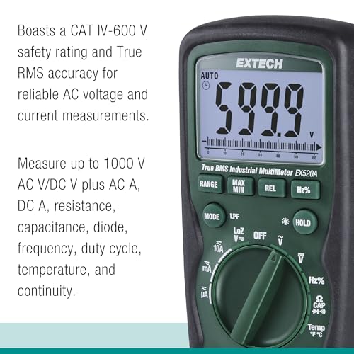 Image of Extech EX520A High Accuracy True RMS Multimeter, 6000 Count, 0.09% | AC /DC to 1000V, 0.09% DC accuracy, LoZ, low pass filter, Type K, IP67, 2m drop, magnetic strap