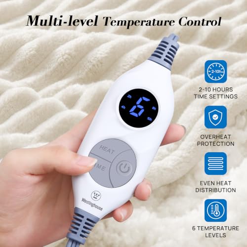 Image of Westinghouse Heated Throw, Fast Heating Blanket, 50x60 Inch, Cream White | Soft Flannel Sherpa Electric Throw with 6 Heating Levels & 2-10 Hours Auto Shut Off, ETL Certification, Machine Washable