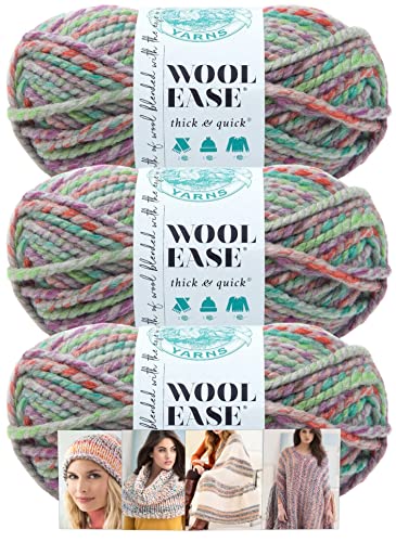 Lion Brand Yarn - Wool-Ease Thick & Quick - Prints & Stripes - 3 Pack with Pattern Cards in Color - 640-537 (Eden)