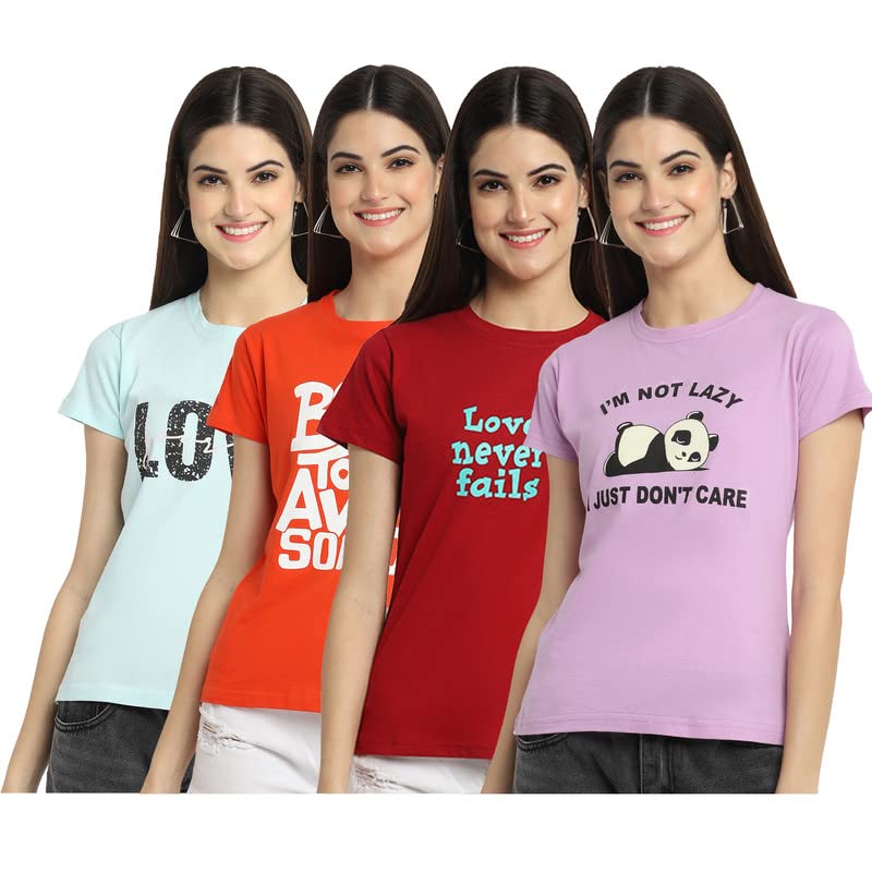 Preneum Lot de 4 t-shirts décontractés à manches courtes en coton pour femme