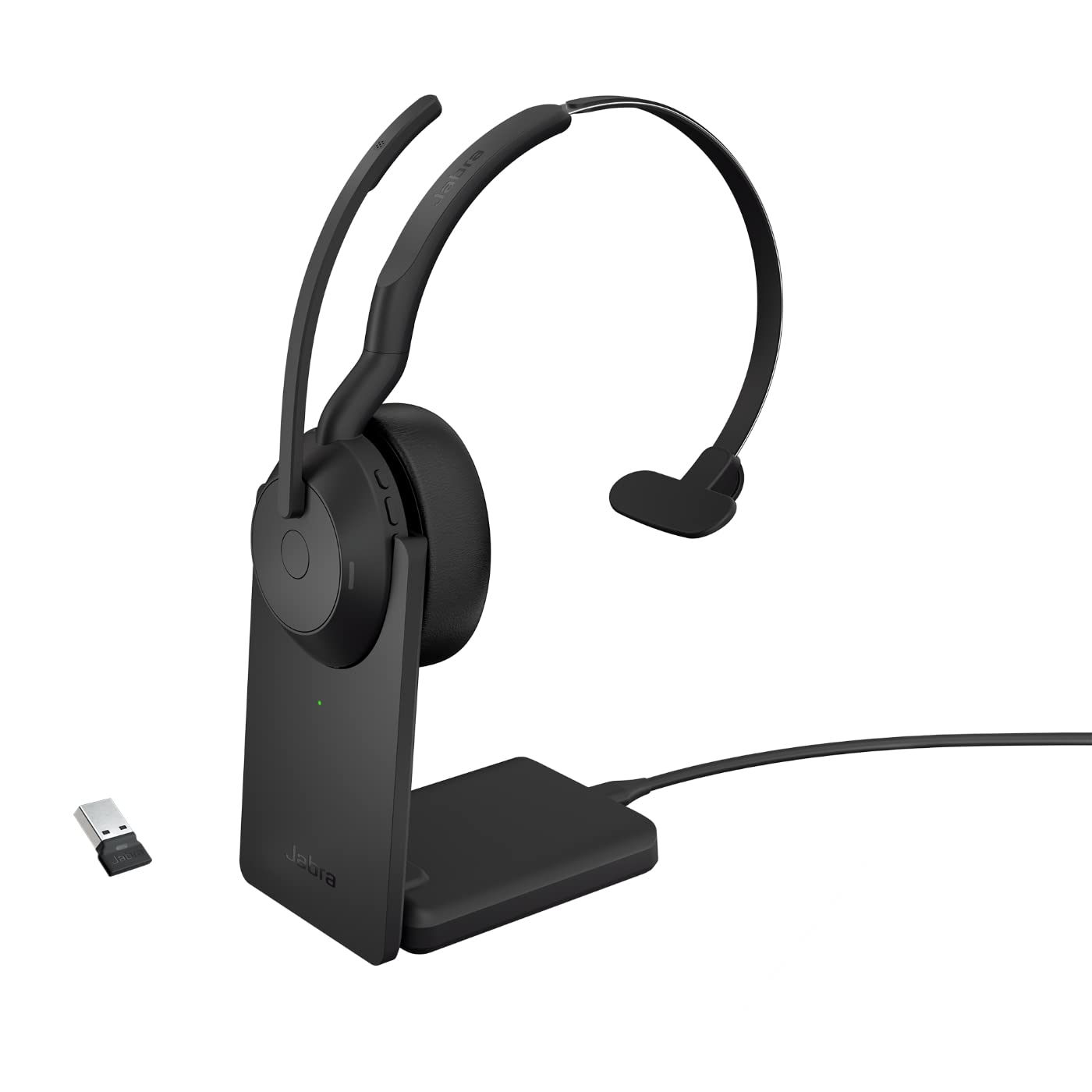 Jabra Evolve2 55 Cuffie Wireless Mono con base di ricarica, USB-A dongle, Tutte le piattaforme, Mono, Supporto incluso