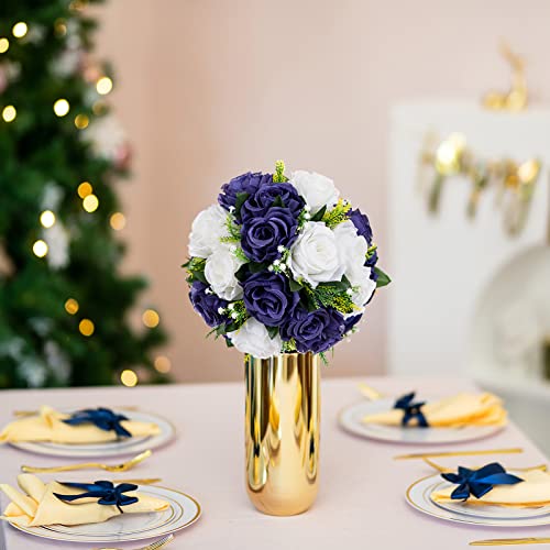 BLOSMON Flower Centerpieces for Tables Wedding 2 Pcs Navy Blue & White Fake Flowers Rose Arrangement Bouquet Floral Centerpiece Balls Artificial Wedding Center Pieces of Valentines Day Home Decor - Image 3