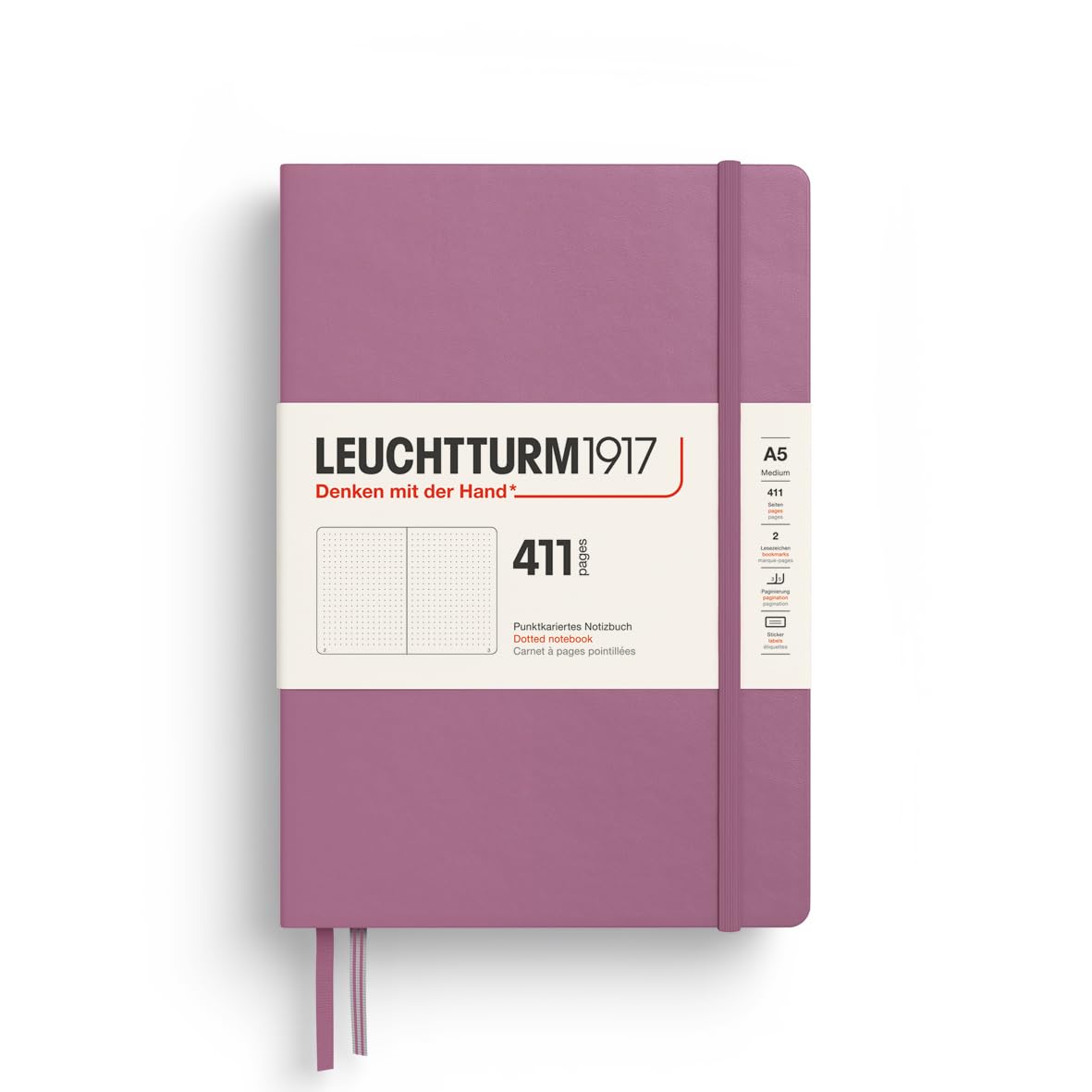 LEUCHTTURM1917 372922 Notebook 411 Medium (A5), Hardcover, 411 Numbered Pages, Dusty Rose, Dotted, More Thoughts, More Ideas, More Memories, More Pages