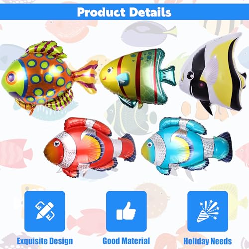 Image of 5 Pcs Fish Balloons, Large Tropical Clownfish Foil Balloon | Inflatable Under the Sea Animal Creature Balloons for Baby Shower Kids Birthday Ocean Themed Party Decorations