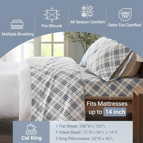 True North by Sleep Philosophy Cozy Flannel Warm 100% Cotton Sheet - Novelty Print Animals Stars Cute Ultra Soft Cold Weather Bedding Set, Cal King, Blue Plaid 4 Piece