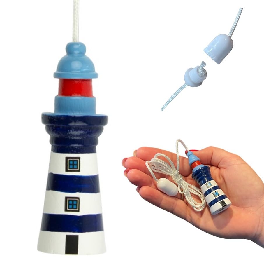Lowgy Nautical Wooden Lighthouse Light Pull with Cord & Connector (Navy Blue & White), 7cm