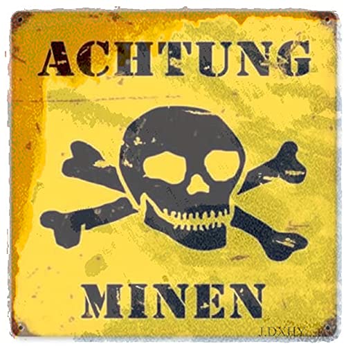 J.DXHYA Cartel de metal de Achtung Minen alemán de la Segunda Guerra Mundial con advertencia de minas terrestres de hombre, placa de pared retro vintage