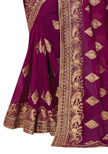 Image of B BELLA CREATION Women's Maroon Georgette Saree with Heavy Golden Embroidery Work & Unstitched Blouse Piece