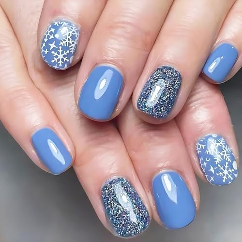 Short Square Christmas Snowflake Press on Nails 24Pcs Stars and M...