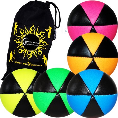 Flames N Games ASTRIX UV Thud Juggling Balls set of 5 (Mix Colours) Pro 6 Panel Leather Juggling Ball Set & Travel Bag!